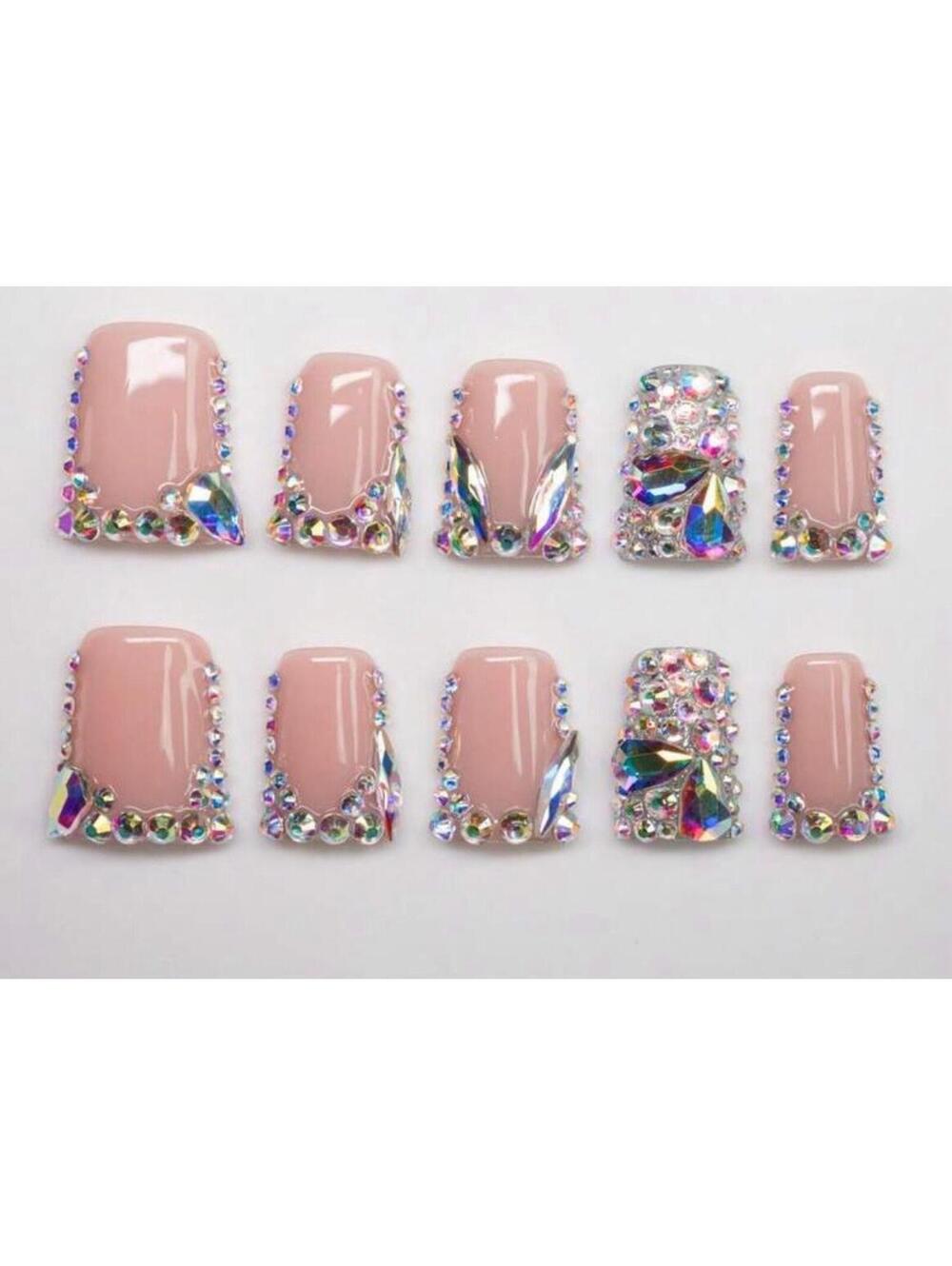 Extra short square Press on nails rhinestones Handmade custom gel French tips